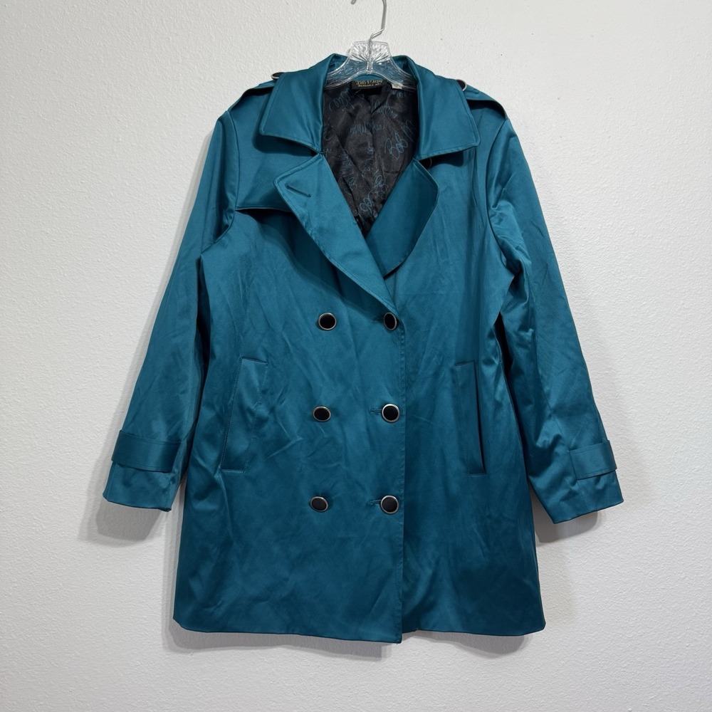 Bob Mackie Teal Trench Coat Womens Size XL Vintage Colorful -‎ Missing Belt Tie